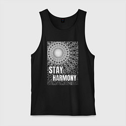 Майка мужская хлопок Stay harmony надпись и мандала, цвет: черный