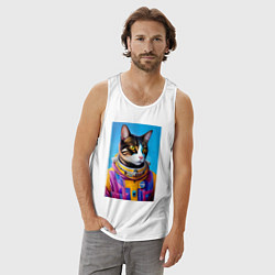 Майка мужская хлопок Кот космонавт в скафандре, цвет: белый — фото 2