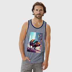 Майка мужская хлопок Капибара в мегаполисе - киберпанк, цвет: синяя тельняшка — фото 2