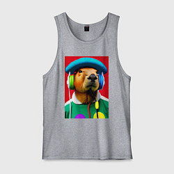 Майка мужская хлопок Капибара в наушниках и шляпе - нейросеть, цвет: меланж