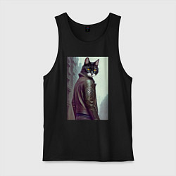 Майка мужская хлопок Модный котяра - Лондон - нейросеть, цвет: черный