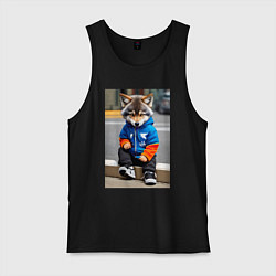 Майка мужская хлопок Уличный волчонок-хулиган - нейросеть, цвет: черный