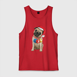 Майка мужская хлопок Новогодний мопс, цвет: красный