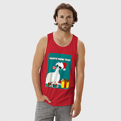 Майка мужская хлопок Лама - альпака Санта Клаус на коньках, цвет: красный — фото 2