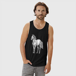 Майка мужская хлопок Белая лошадь стоит, цвет: черный — фото 2