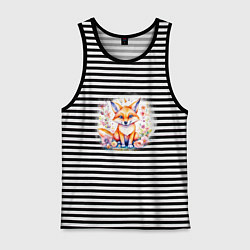 Майка мужская хлопок Милый большеухий лисенок сидит в цветах, цвет: черная тельняшка