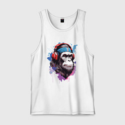 Майка мужская хлопок Шимпанзе в наушниках, цвет: белый