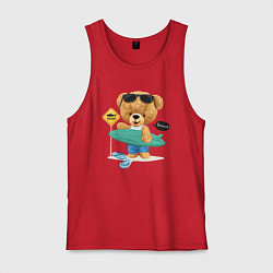 Майка мужская хлопок Плюшевый медведь серфер, цвет: красный