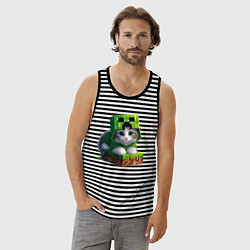 Майка мужская хлопок Kitten creeper collaboration - ai art, цвет: черная тельняшка — фото 2