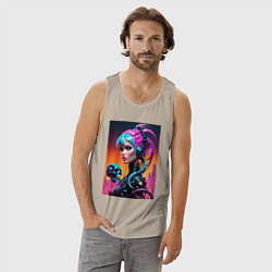 Майка мужская хлопок Девушка в стиле киберпанк с черепом - нейросеть, цвет: миндальный — фото 2