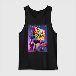 Майка мужская хлопок Sponge Bob with a pistol - cyberpunk ai art, цвет: черный