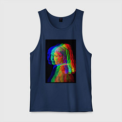 Майка мужская хлопок Девушка с жемчужной серёжкой с глюками, цвет: тёмно-синий