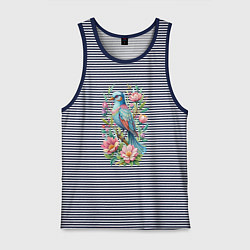 Майка мужская хлопок Красивая голубая птица среди цветов, цвет: синяя тельняшка