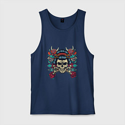 Майка мужская хлопок Японский череп гейши с демонами, цвет: тёмно-синий