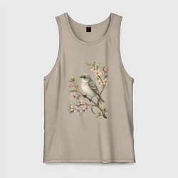 Майка мужская хлопок Маленькая птичка на ветке с цветами, цвет: миндальный