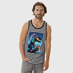 Майка мужская хлопок Крутой неоновый пивозавр в мегаполисе - киберпанк, цвет: черная тельняшка — фото 2