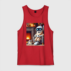 Майка мужская хлопок Робот у камина с котом и чашкой кофе - нейроарт, цвет: красный