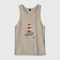 Майка мужская хлопок Маяк и чайки на берегу моря, цвет: миндальный