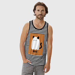 Майка мужская хлопок Котик-призрак на хэллоуин, цвет: черная тельняшка — фото 2