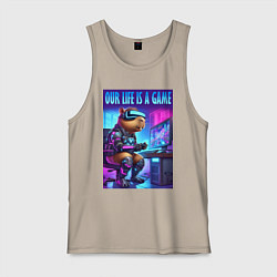 Майка мужская хлопок Капибара заядлый геймер - неоновое свечение, цвет: миндальный