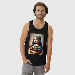 Майка мужская хлопок Маленькая Мона Лиза в детстве с куклой - нейроарт, цвет: черный — фото 2