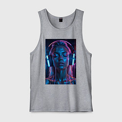 Майка мужская хлопок Девушка с наушниками в неоне, цвет: меланж