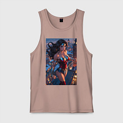 Майка мужская хлопок Чудо-женщина на крыше с городским фоном, цвет: пыльно-розовый