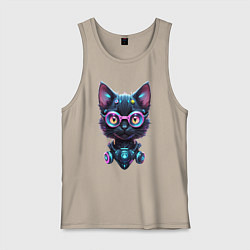 Майка мужская хлопок Прикольный котёнок - киберпанк, цвет: миндальный