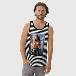 Майка мужская хлопок Пиратка на фона флотилии кораблей, цвет: черная тельняшка — фото 2