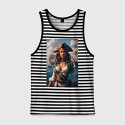 Майка мужская хлопок Пиратка на фона флотилии кораблей, цвет: черная тельняшка