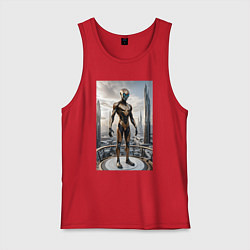 Майка мужская хлопок Инопланетянин в городе будущего, цвет: красный