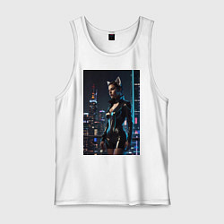 Мужская майка Девушка с кошачьими ушами стоит на фоне небоскребо