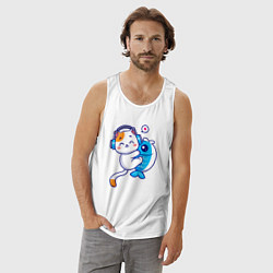 Майка мужская хлопок Котик и рыба, цвет: белый — фото 2