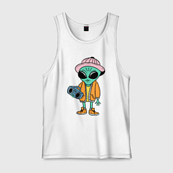 Майка мужская хлопок Инопланетянин с магнитофоном, цвет: белый