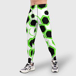 Тайтсы мужские Чёрно-зелёные шестиугольники на белом фоне, цвет: 3D-принт — фото 2