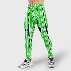 Тайтсы мужские Бело-зелёные техно полосы на чёрном фоне, цвет: 3D-принт — фото 2