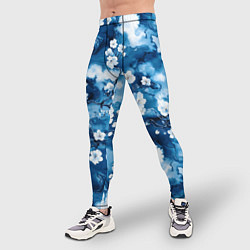Тайтсы мужские Цветы белой сакуры - паттерн на синем фоне, цвет: 3D-принт — фото 2