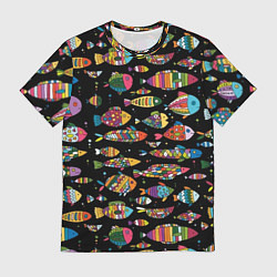 Мужская футболка Разноцветные рыбы - черный фон