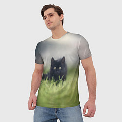 Футболка мужская Черный кот на лугу, цвет: 3D-принт — фото 2