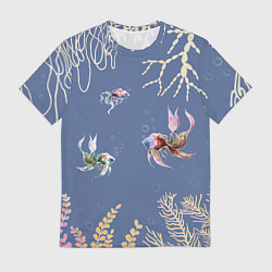 Футболка мужская Разноцветные акварельные рыбки с морскими водоросл, цвет: 3D-принт