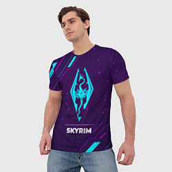 Футболка мужская Символ Skyrim в неоновых цветах на темном фоне, цвет: 3D-принт — фото 2