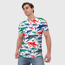 Футболка мужская Стая разноцветных акул - паттерн, цвет: 3D-принт — фото 2