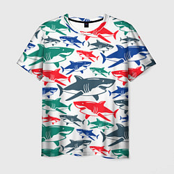 Футболка мужская Стая разноцветных акул - паттерн, цвет: 3D-принт