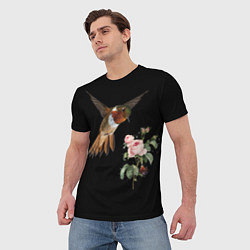 Футболка мужская Птицы колибри розы на черном фоне, цвет: 3D-принт — фото 2