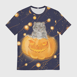Футболка мужская Котик в тыкве, хеллоуин, цвет: 3D-принт
