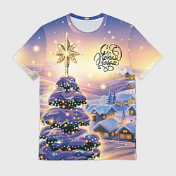 Футболка мужская Новогодняя елочка в деревне, цвет: 3D-принт