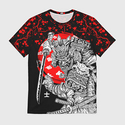 Мужская футболка Самурай и сакура на черном фоне