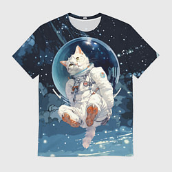 Мужская футболка Белый кот космонавт в невесомости