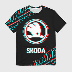 Футболка мужская Значок Skoda в стиле glitch на темном фоне, цвет: 3D-принт
