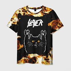 Футболка мужская Slayer рок кот и огонь, цвет: 3D-принт